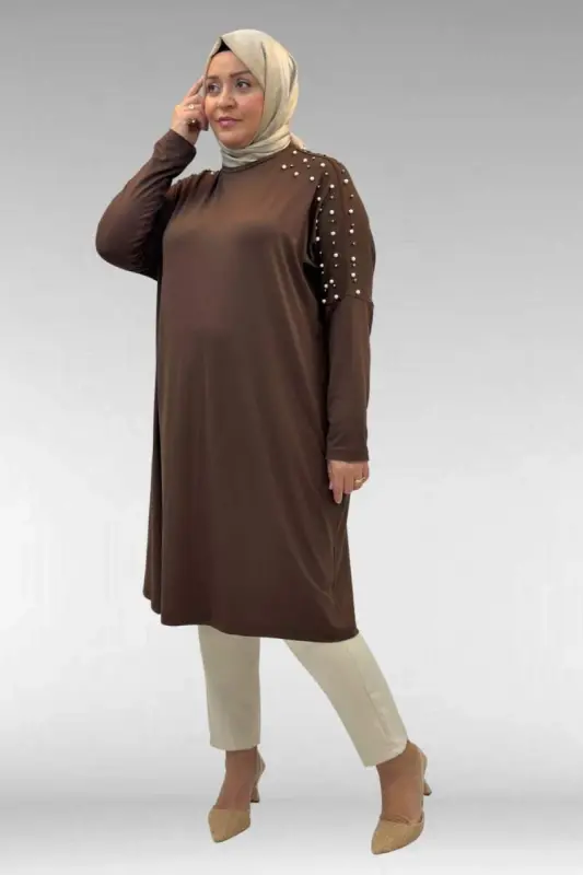 68012 Büyük Beden Omuzları Taş Detaylı Penye Tunik - Kahve - 2