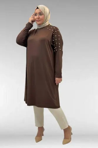 68012 Büyük Beden Omuzları Taş Detaylı Penye Tunik - Kahve - BÜYÜKBEDENIZ (1)