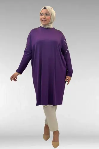 68012 Büyük Beden Omuzları Taş Detaylı Penye Tunik - Mor - BÜYÜKBEDENIZ (1)