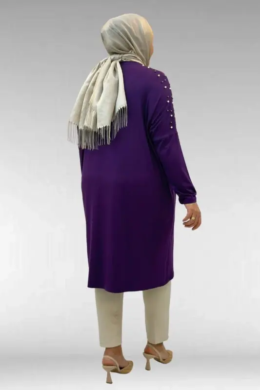 68012 Büyük Beden Omuzları Taş Detaylı Penye Tunik - Mor - 3
