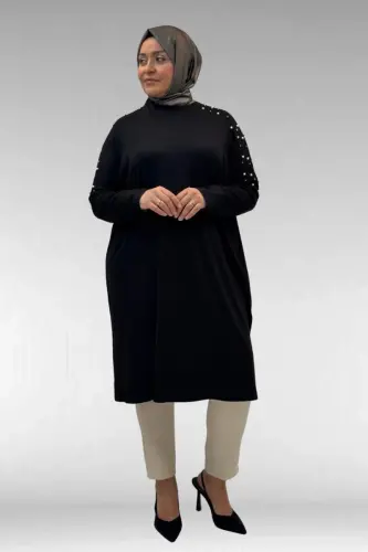 68012 Büyük Beden Omuzları Taş Detaylı Penye Tunik - Siyah - BÜYÜKBEDENIZ (1)