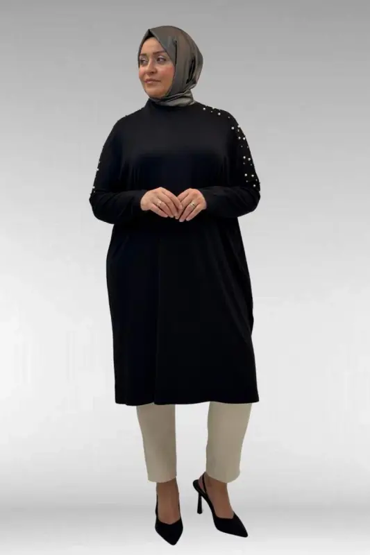 68012 Büyük Beden Omuzları Taş Detaylı Penye Tunik - Siyah - 2