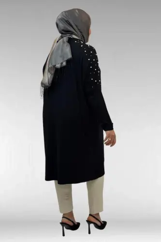 68012 Büyük Beden Omuzları Taş Detaylı Penye Tunik - Siyah - 3