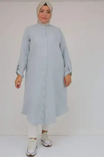 68013 Büyük Beden Tek Düğme Detaylı Müslin Gömlek - Gri - 1