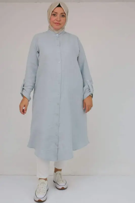 68013 Büyük Beden Tek Düğme Detaylı Müslin Gömlek - Gri - 1