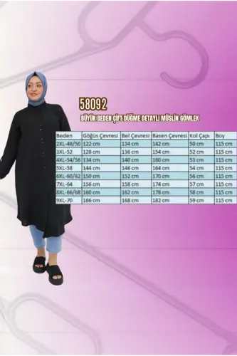 68013 Büyük Beden Tek Düğme Detaylı Müslin Gömlek - Nefti - BÜYÜKBEDENIZ (1)