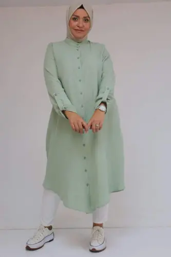 68013 Büyük Beden Tek Düğme Detaylı Müslin Gömlek - Nefti - 1