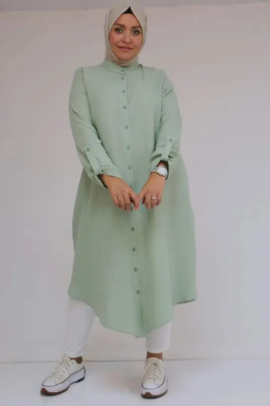 68013 Büyük Beden Tek Düğme Detaylı Müslin Gömlek - Nefti - 1