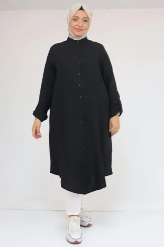 68013 Büyük Beden Tek Düğme Detaylı Müslin Gömlek - Siyah - 1