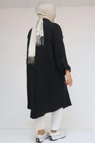 68013 Büyük Beden Tek Düğme Detaylı Müslin Gömlek - Siyah - 3