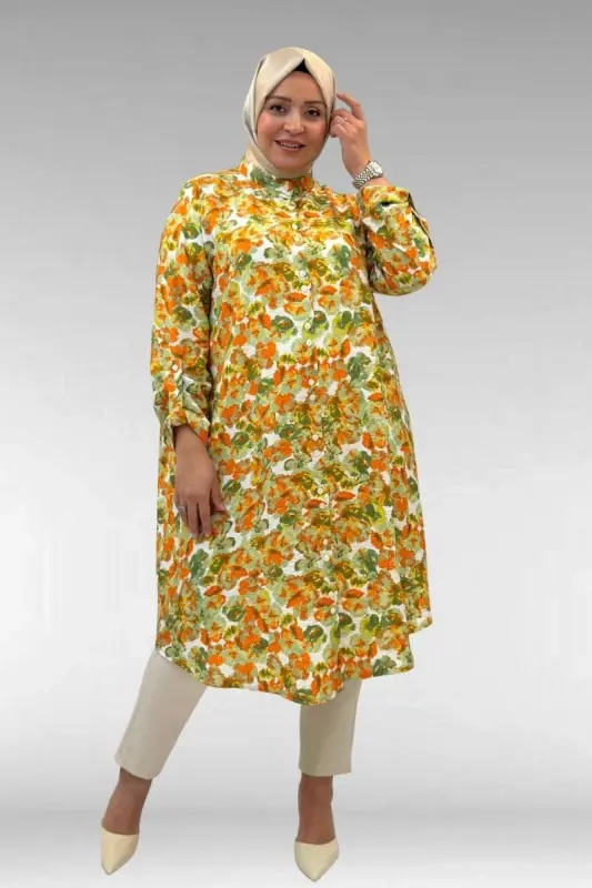 68014 Büyük Beden Hakimyaka Çift Düğmeli Mango Tunik - Çiçek Desen Yeşil - 1