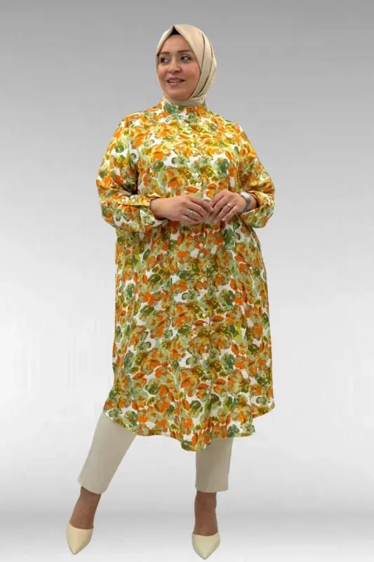 68014 Büyük Beden Hakimyaka Çift Düğmeli Mango Tunik - Çiçek Desen Yeşil - 3