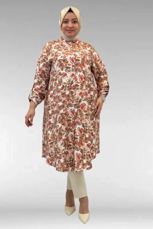 68014 Büyük Beden Hakimyaka Çift Düğmeli Mango Tunik - Çiçek Desenli Kahve - 1