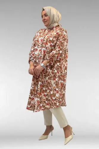 68014 Büyük Beden Hakimyaka Çift Düğmeli Mango Tunik - Çiçek Desenli Kahve - 3