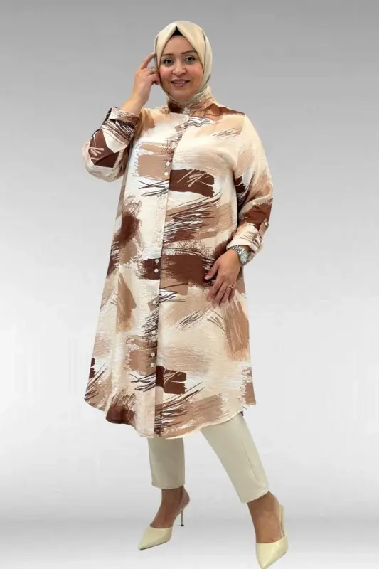 68014 Büyük Beden Hakimyaka Çift Düğmeli Mango Tunik - Desenli Çikolata Kahve - 3