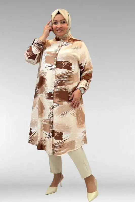 68014 Büyük Beden Hakimyaka Çift Düğmeli Mango Tunik - Desenli Çikolata Kahve - BÜYÜKBEDENIZ