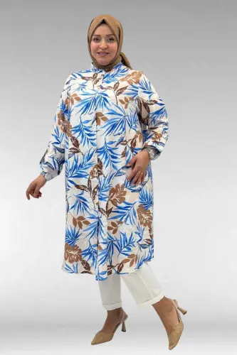 68014 Büyük Beden Hakimyaka Çift Düğmeli Mango Tunik - Desenli Haki - 1