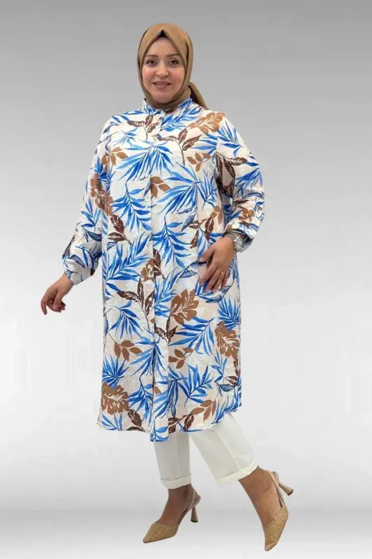 68014 Büyük Beden Hakimyaka Çift Düğmeli Mango Tunik - Desenli Haki - 1