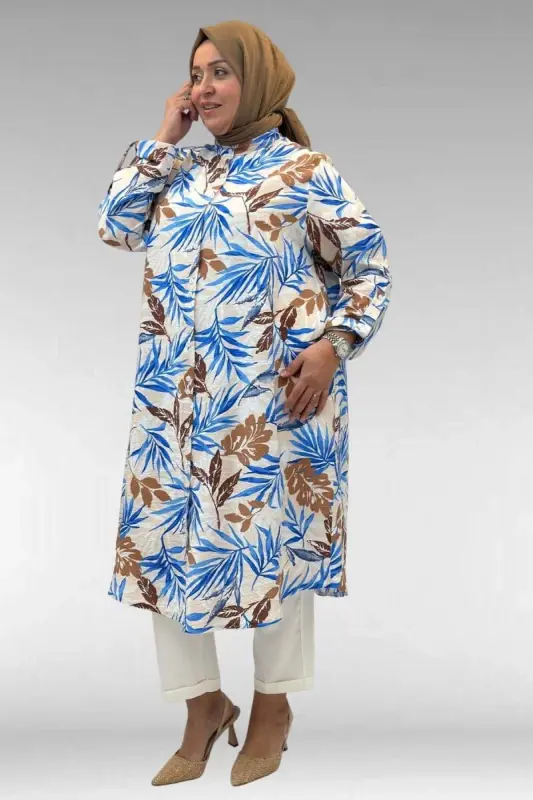 68014 Büyük Beden Hakimyaka Çift Düğmeli Mango Tunik - Desenli Haki - 3