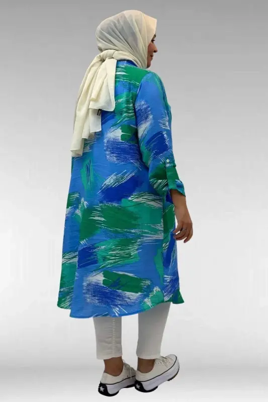 68014 Büyük Beden Hakimyaka Çift Düğmeli Mango Tunik - Desenli Mavi - 3
