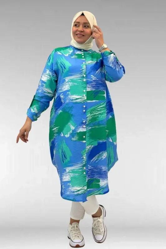68014 Büyük Beden Hakimyaka Çift Düğmeli Mango Tunik - Desenli Mavi - BÜYÜKBEDENIZ