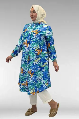 68014 Büyük Beden Hakimyaka Çift Düğmeli Mango Tunik - Desenli Saks - 1