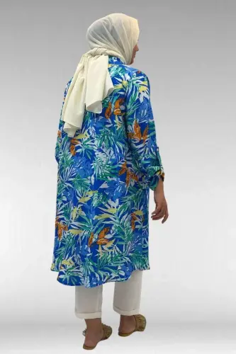 68014 Büyük Beden Hakimyaka Çift Düğmeli Mango Tunik - Desenli Saks - 3