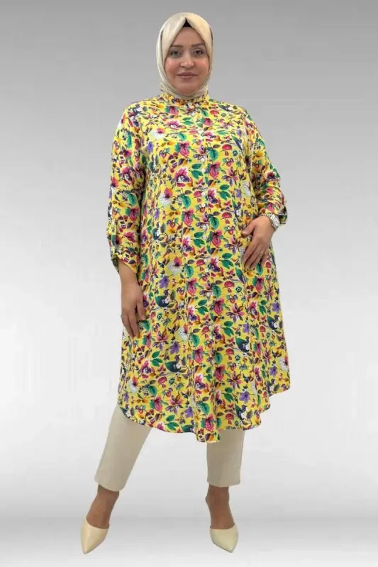 68014 Büyük Beden Hakimyaka Çift Düğmeli Mango Tunik - Desenli Sarı - 1