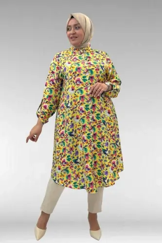 68014 Büyük Beden Hakimyaka Çift Düğmeli Mango Tunik - Desenli Sarı - 3