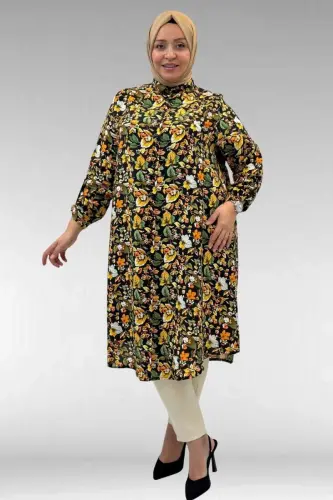 68014 Büyük Beden Hakimyaka Çift Düğmeli Mango Tunik - Desenli Siyah - 1