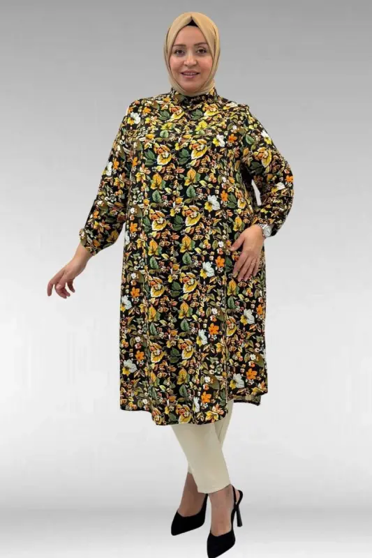 68014 Büyük Beden Hakimyaka Çift Düğmeli Mango Tunik - Desenli Siyah - 1