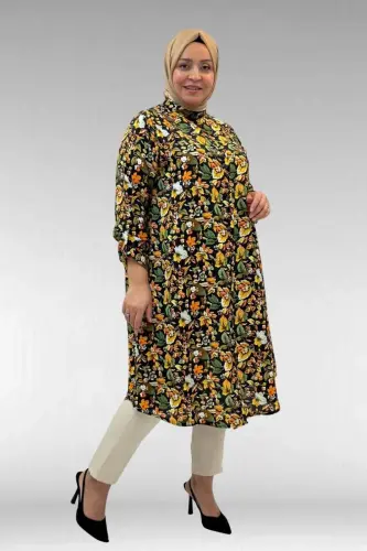 68014 Büyük Beden Hakimyaka Çift Düğmeli Mango Tunik - Desenli Siyah - 3