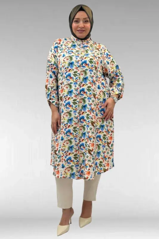 68014 Büyük Beden Hakimyaka Çift Düğmeli Mango Tunik - Desenli Taş - 1