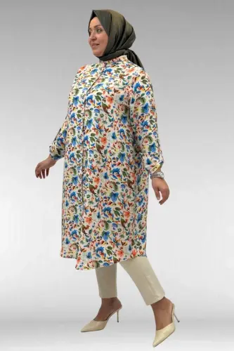 68014 Büyük Beden Hakimyaka Çift Düğmeli Mango Tunik - Desenli Taş - 3