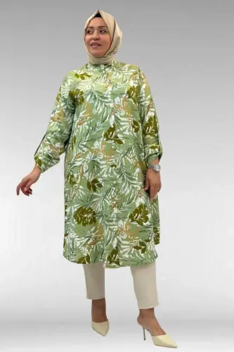 68014 Büyük Beden Hakimyaka Çift Düğmeli Mango Tunik - Yaprak Desen Vizon - 1