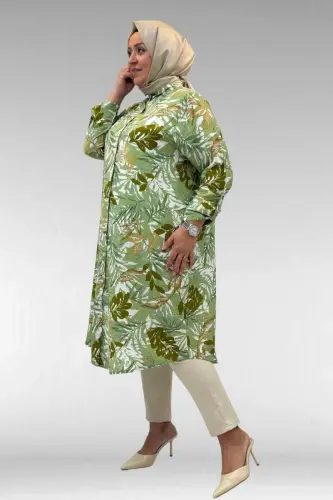 68014 Büyük Beden Hakimyaka Çift Düğmeli Mango Tunik - Yaprak Desen Vizon - 3