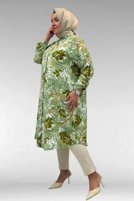 68014 Büyük Beden Hakimyaka Çift Düğmeli Mango Tunik - Yaprak Desen Vizon - 3