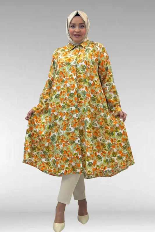 68015 Büyük Beden Mevlana Kesim Mango Gömlek - Çiçek Desen Yeşil - BÜYÜKBEDENIZ