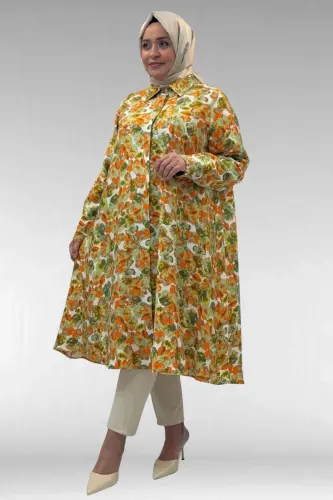 68015 Büyük Beden Mevlana Kesim Mango Gömlek - Çiçek Desen Yeşil - BÜYÜKBEDENIZ (1)
