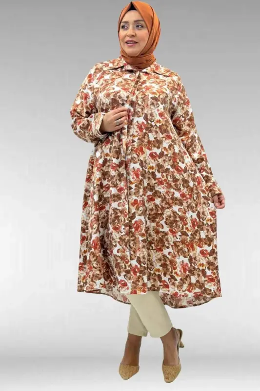 68015 Büyük Beden Mevlana Kesim Mango Gömlek - Çiçek Desenli Kahve - 1