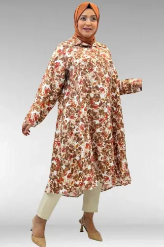 68015 Büyük Beden Mevlana Kesim Mango Gömlek - Çiçek Desenli Kahve - 3