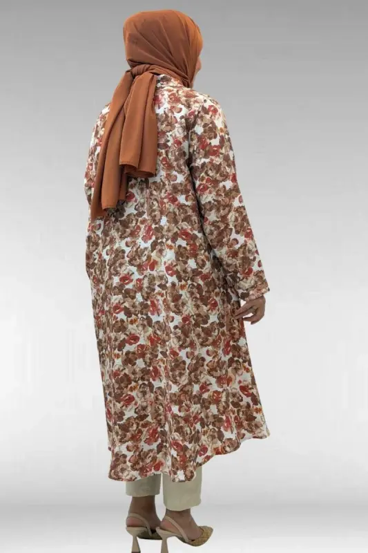 68015 Büyük Beden Mevlana Kesim Mango Gömlek - Çiçek Desenli Kahve - 4