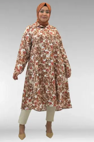 68015 Büyük Beden Mevlana Kesim Mango Gömlek - Çiçek Desenli Kahve - BÜYÜKBEDENIZ (1)