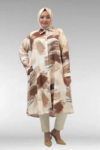 68015 Büyük Beden Mevlana Kesim Mango Gömlek - Desenli Çikolata Kahve - BÜYÜKBEDENIZ (1)