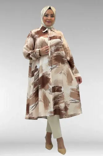 68015 Büyük Beden Mevlana Kesim Mango Gömlek - Desenli Çikolata Kahve - 1