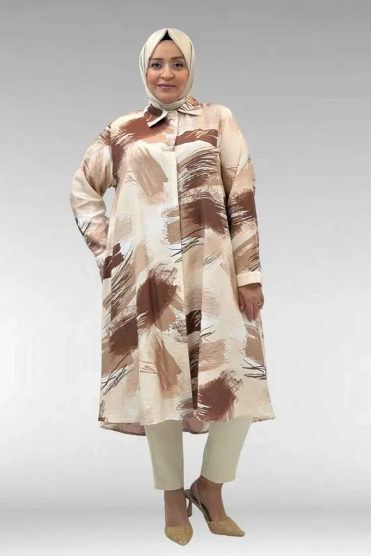 68015 Büyük Beden Mevlana Kesim Mango Gömlek - Desenli Çikolata Kahve - 2