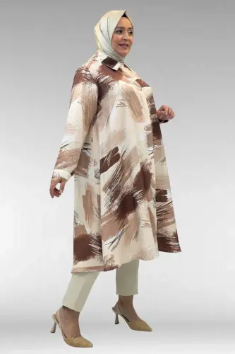 68015 Büyük Beden Mevlana Kesim Mango Gömlek - Desenli Çikolata Kahve - 3