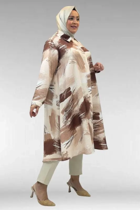 68015 Büyük Beden Mevlana Kesim Mango Gömlek - Desenli Çikolata Kahve - 3