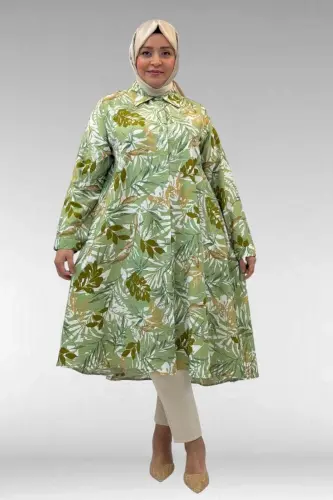 68015 Büyük Beden Mevlana Kesim Mango Gömlek - Desenli Haki - 1