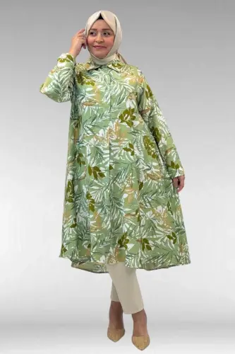 68015 Büyük Beden Mevlana Kesim Mango Gömlek - Desenli Haki - BÜYÜKBEDENIZ (1)